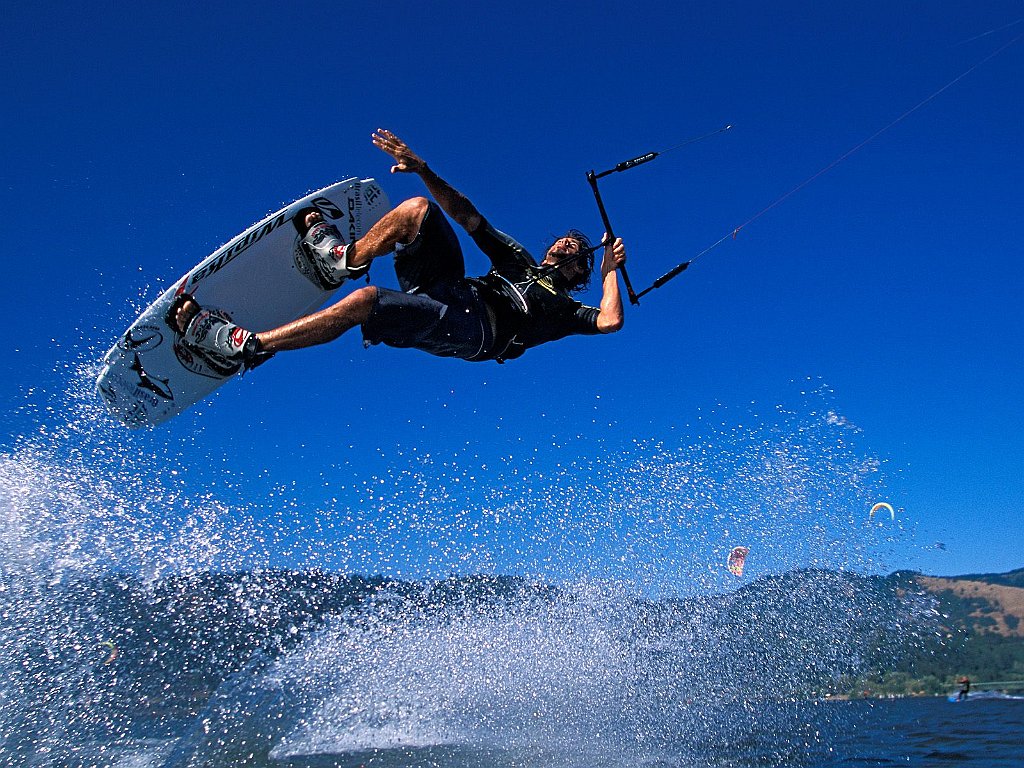 Pro Kiteboarder Mauricio Abreu Catching Air, Columbia River Gorge, Hood River, Oregon